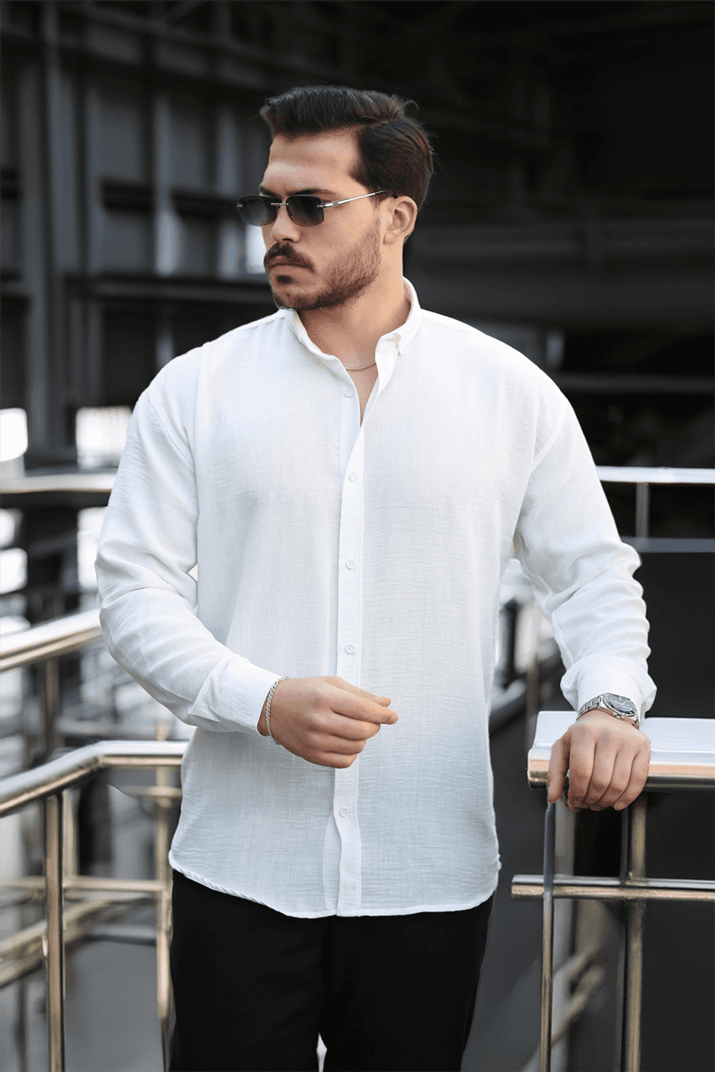 Pera Kumaş Keten Görünümlü Yarım Oversize Uzun kollu Erkek Gömlek - Beyaz