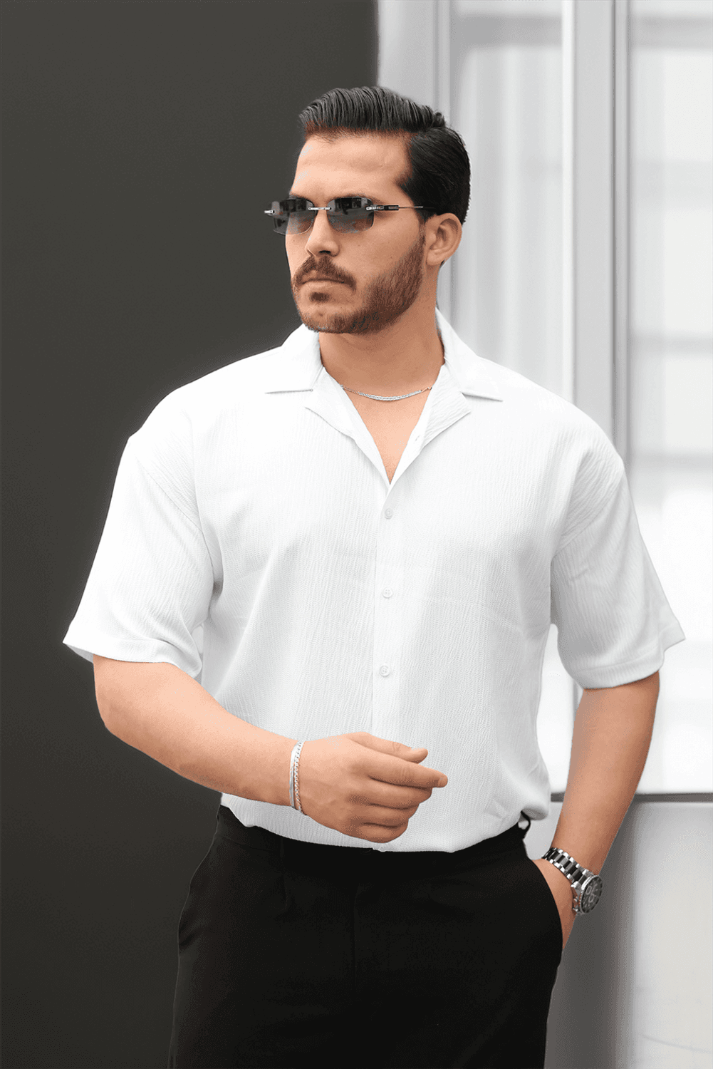 Fresh Kumaş Apaş Yaka Kısa Kol Erkek Gömlek - Beyaz