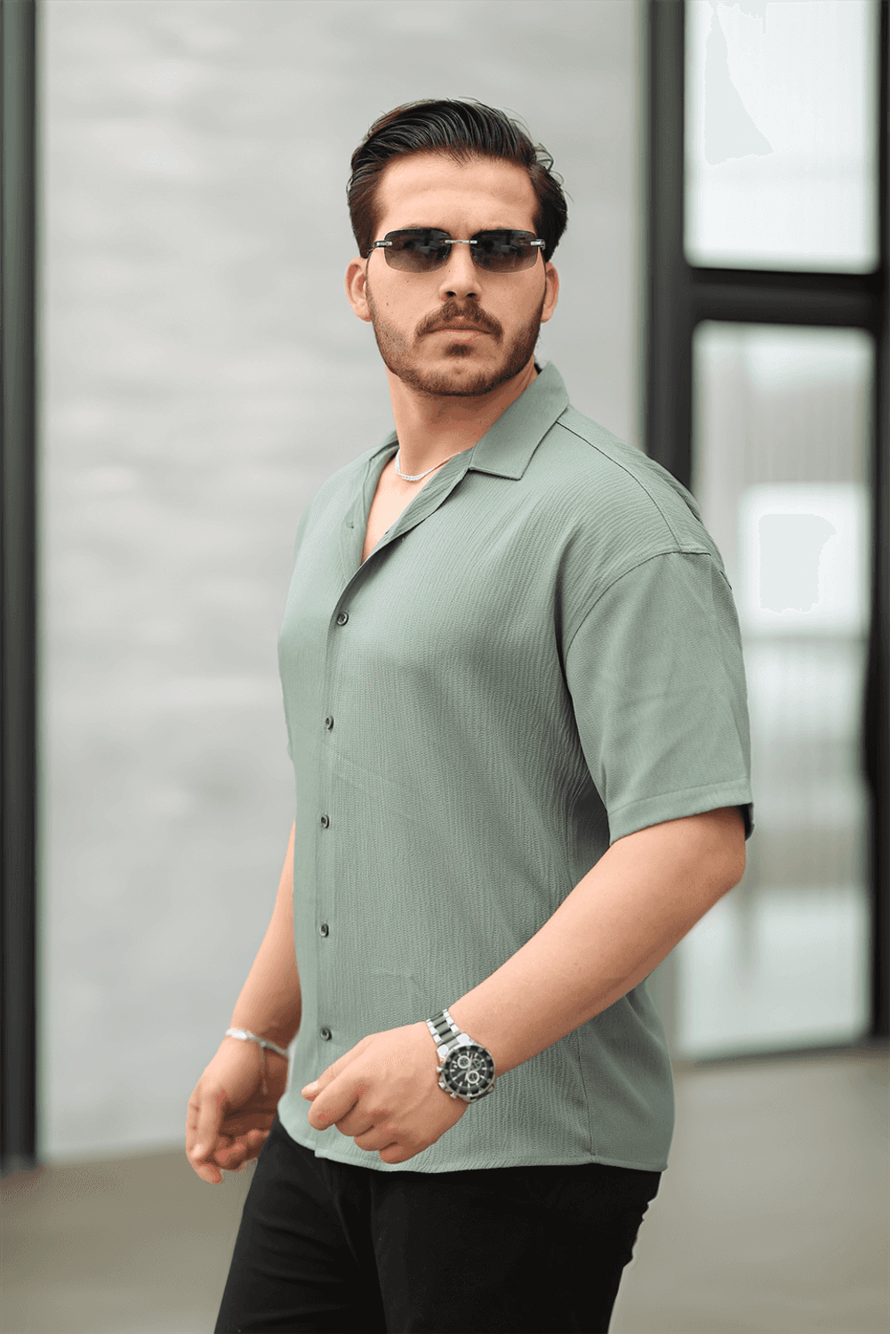 Fresh Kumaş Apaş Yaka Kısa Kol Erkek Gömlek - Haki