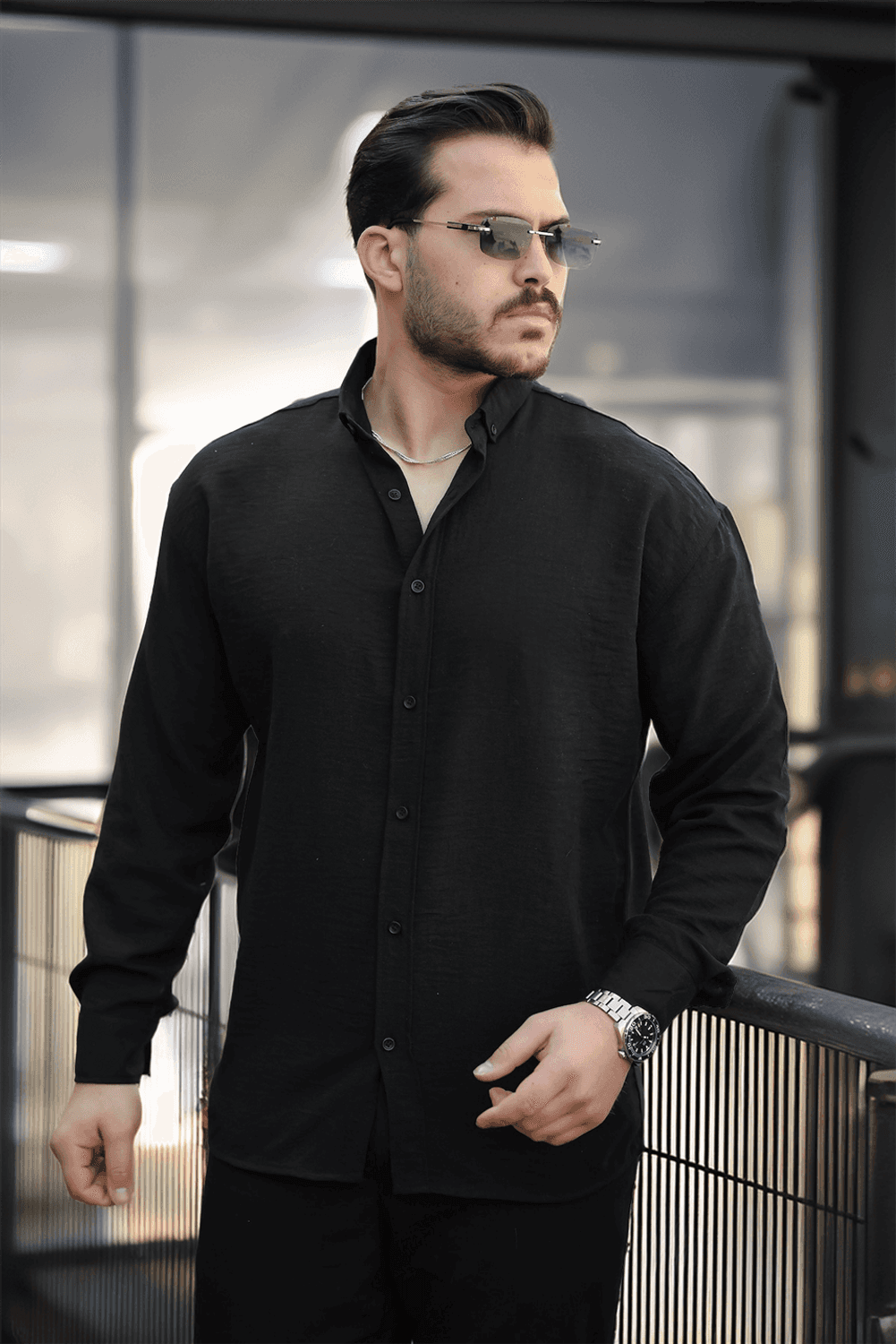 Pera Kumaş Keten Görünümlü Yarım Oversize Uzun kollu Erkek Gömlek - Siyah