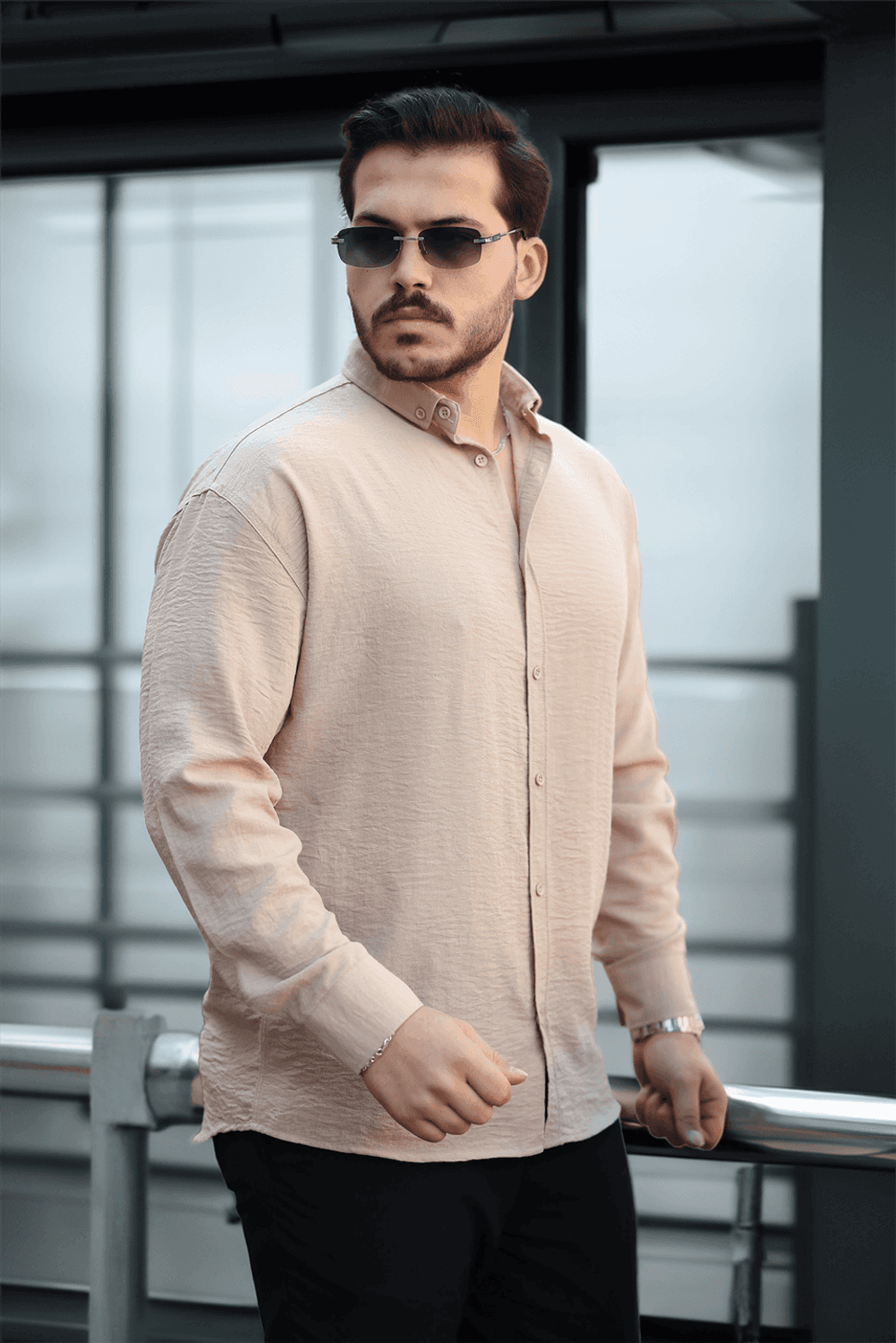 Pera Kumaş Keten Görünümlü Yarım Oversize Uzun kollu Erkek Gömlek- Bej