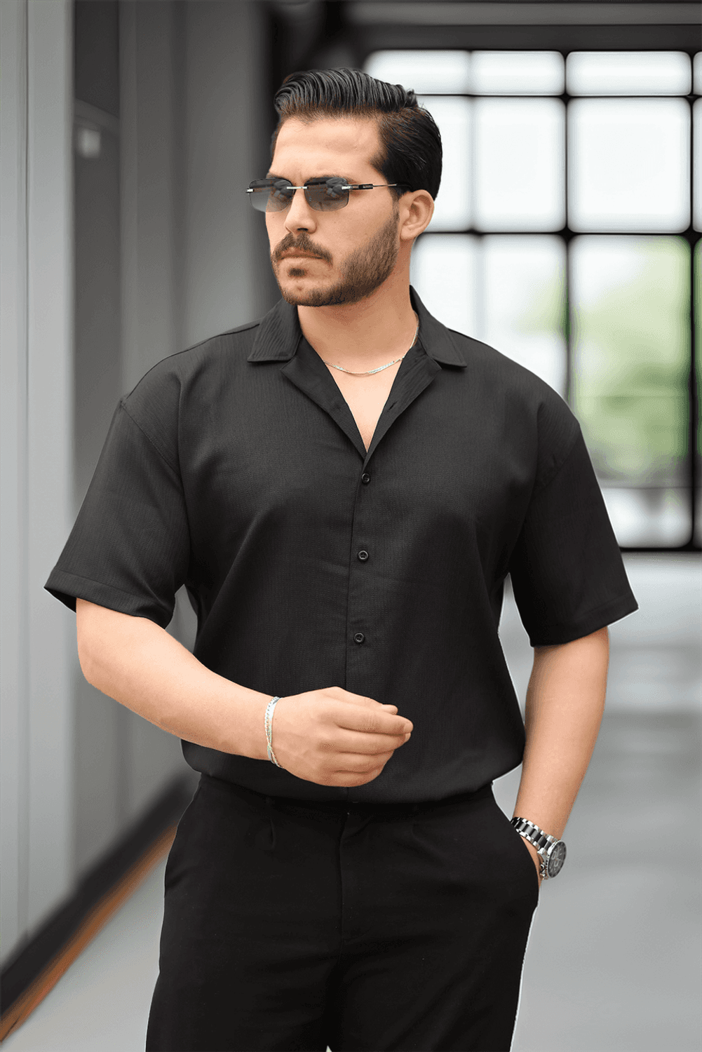 Fresh Kumaş Apaş Yaka Kısa Kol Erkek Gömlek - Siyah