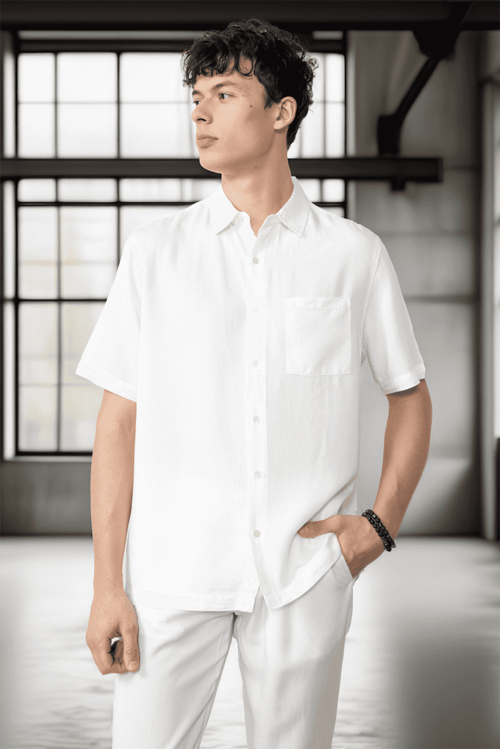 Tek Cepli Pamuk Kumaş Doğal Dokulu Erkek Gömlek - Ekru