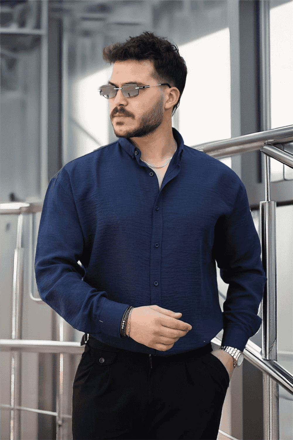 Pera Kumaş Keten Görünümlü Yarım Oversize Uzun kollu Erkek Gömlek - Lacivert