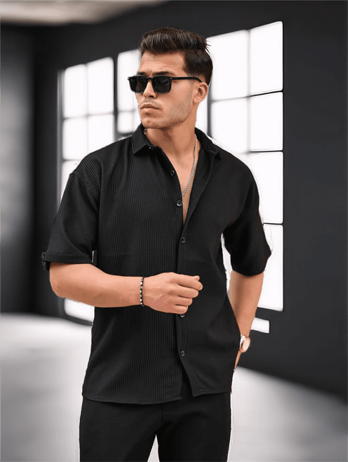 Oversize Ribbed Short Sleeve Shirt - Black
