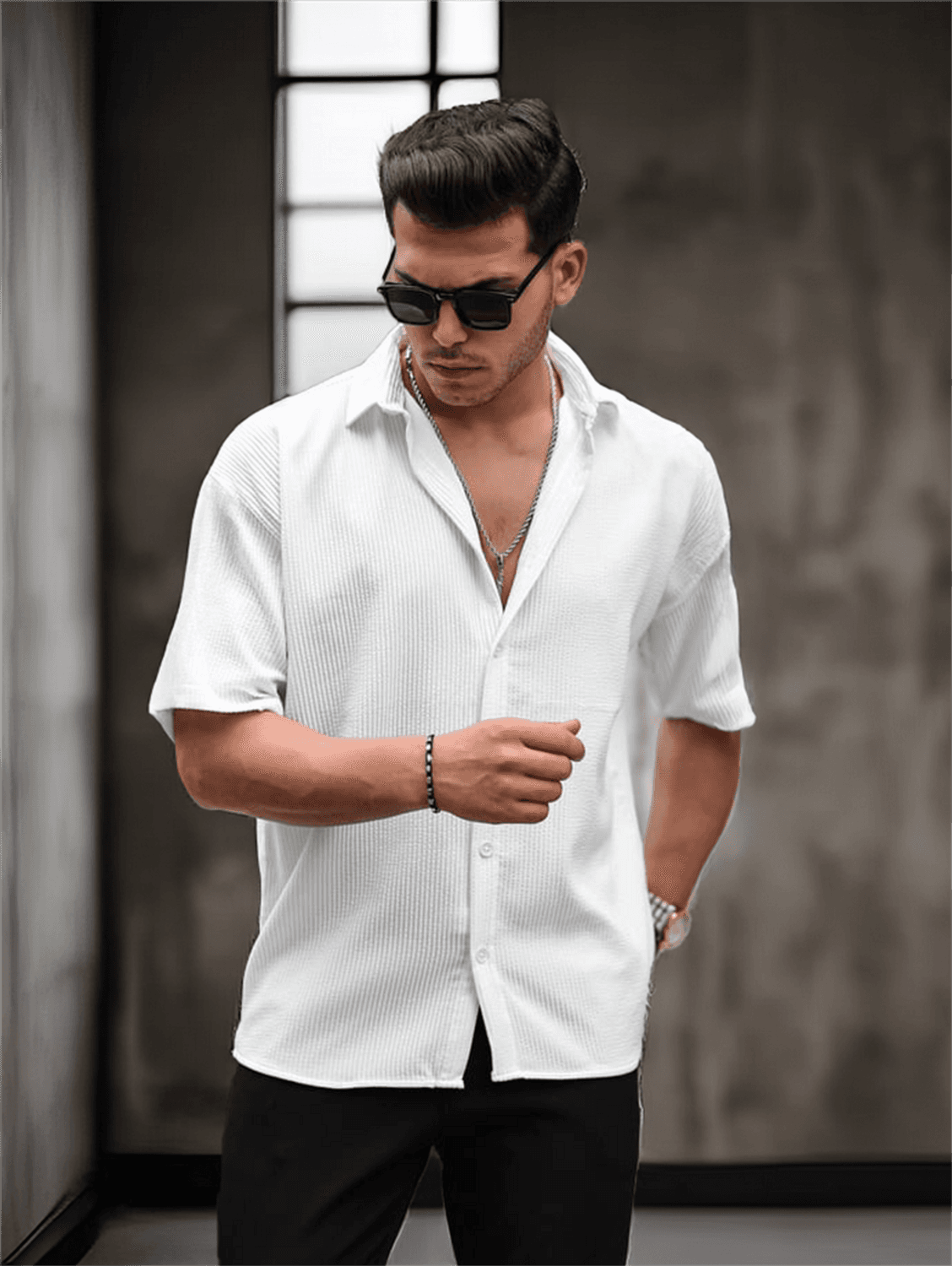 Oversize Ribbed Short Sleeve Shirt - White