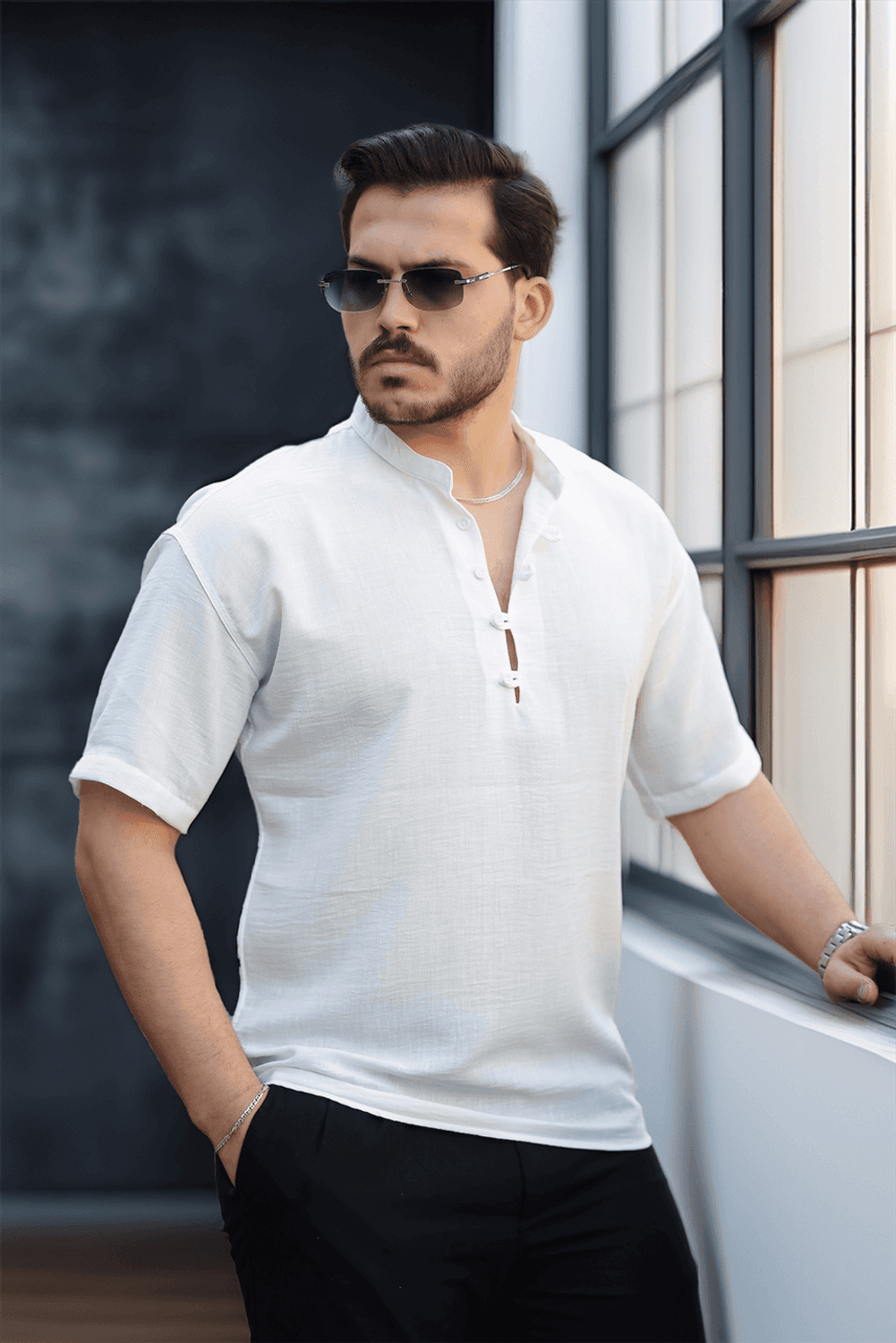 Oversize Yarım Pat Bambu Kısa kol Gömlek - Beyaz