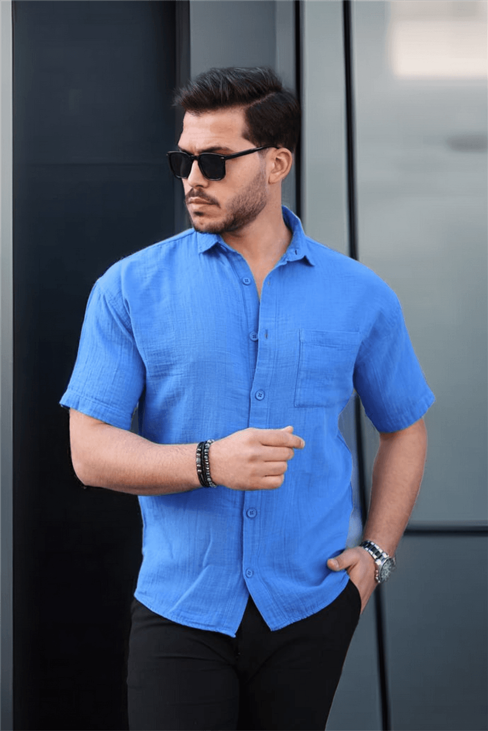 Oversize Müslin Kumaş Tek Cepli Gömlek- Parlement Mavi