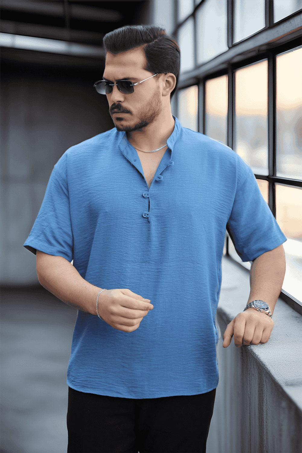 Oversize Yarım Pat Bambu Kısa kol Gömlek - Saks