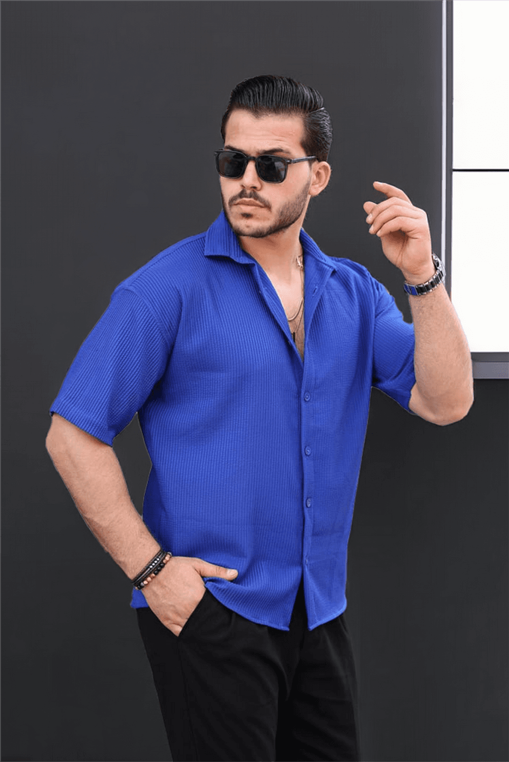 Oversize Fitilli Kısa Kol Gömlek - Parlement Mavi