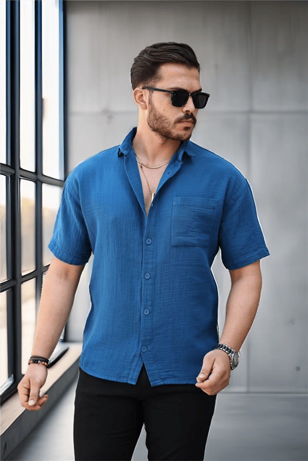 Оверсайз рубашка из муслина с одним карманом - индиго