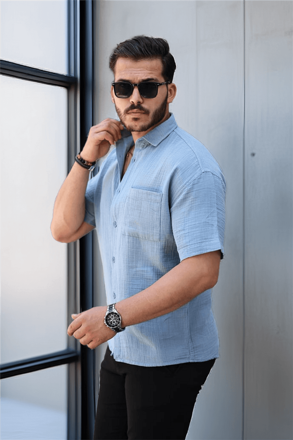 Оверсайз рубашка из муслина с одним карманом - холодный голубой