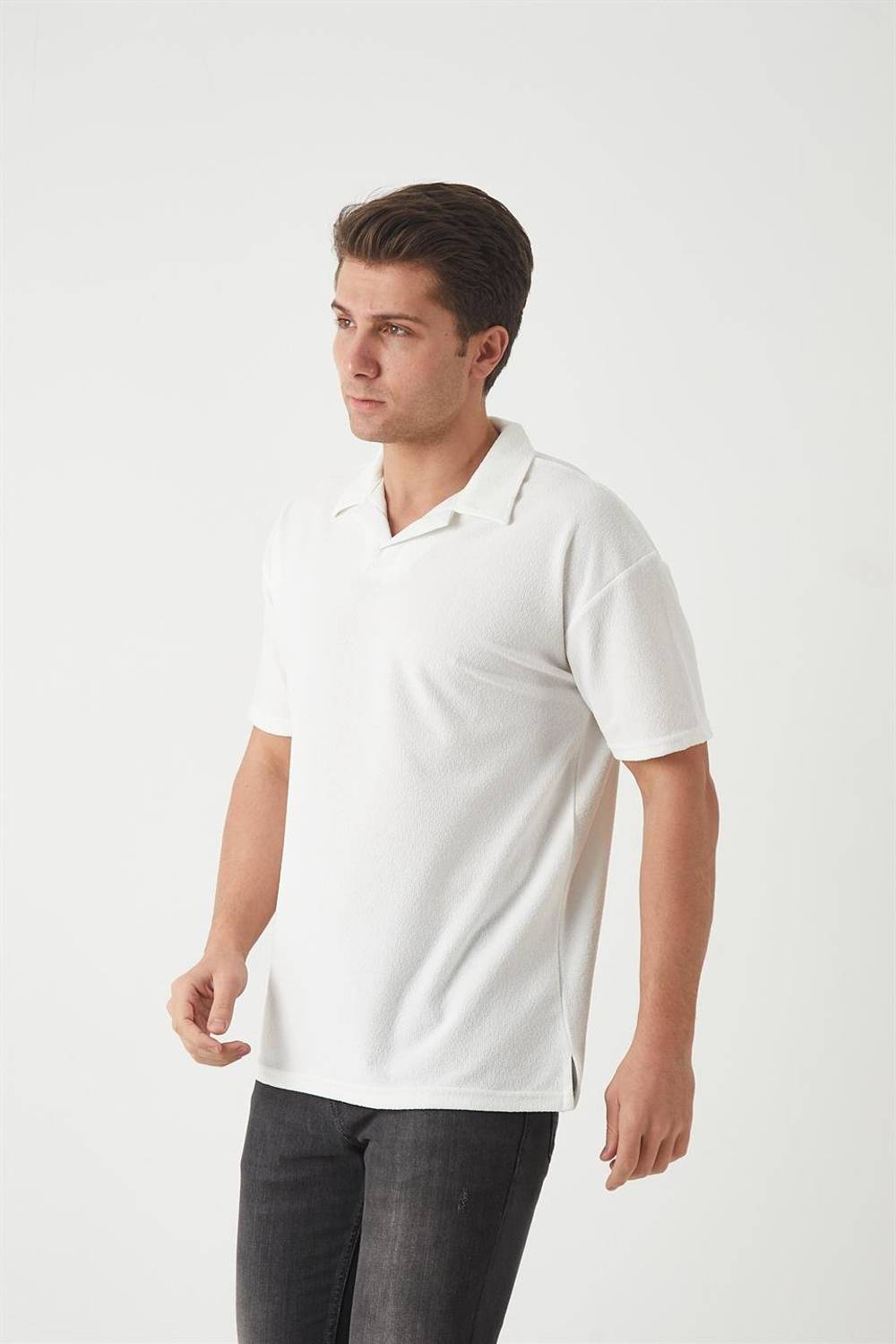 Havlu Kumaş Polo Yaka Erkek T-Shirt - Ekru