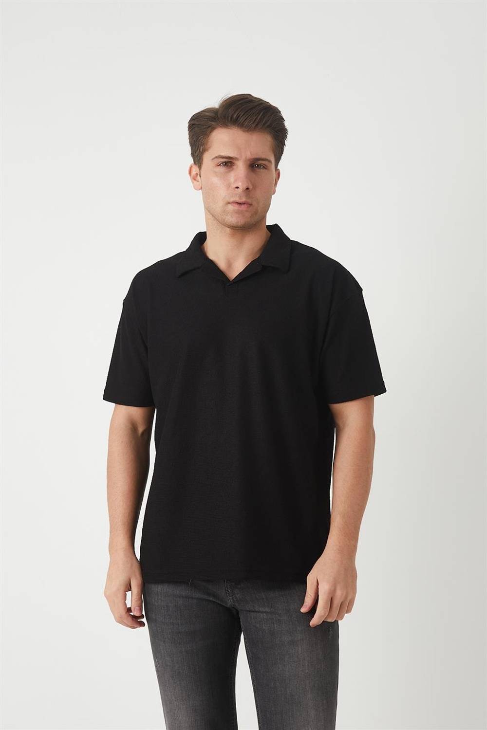 Havlu Kumaş Polo Yaka Erkek T-Shirt - Siyah 