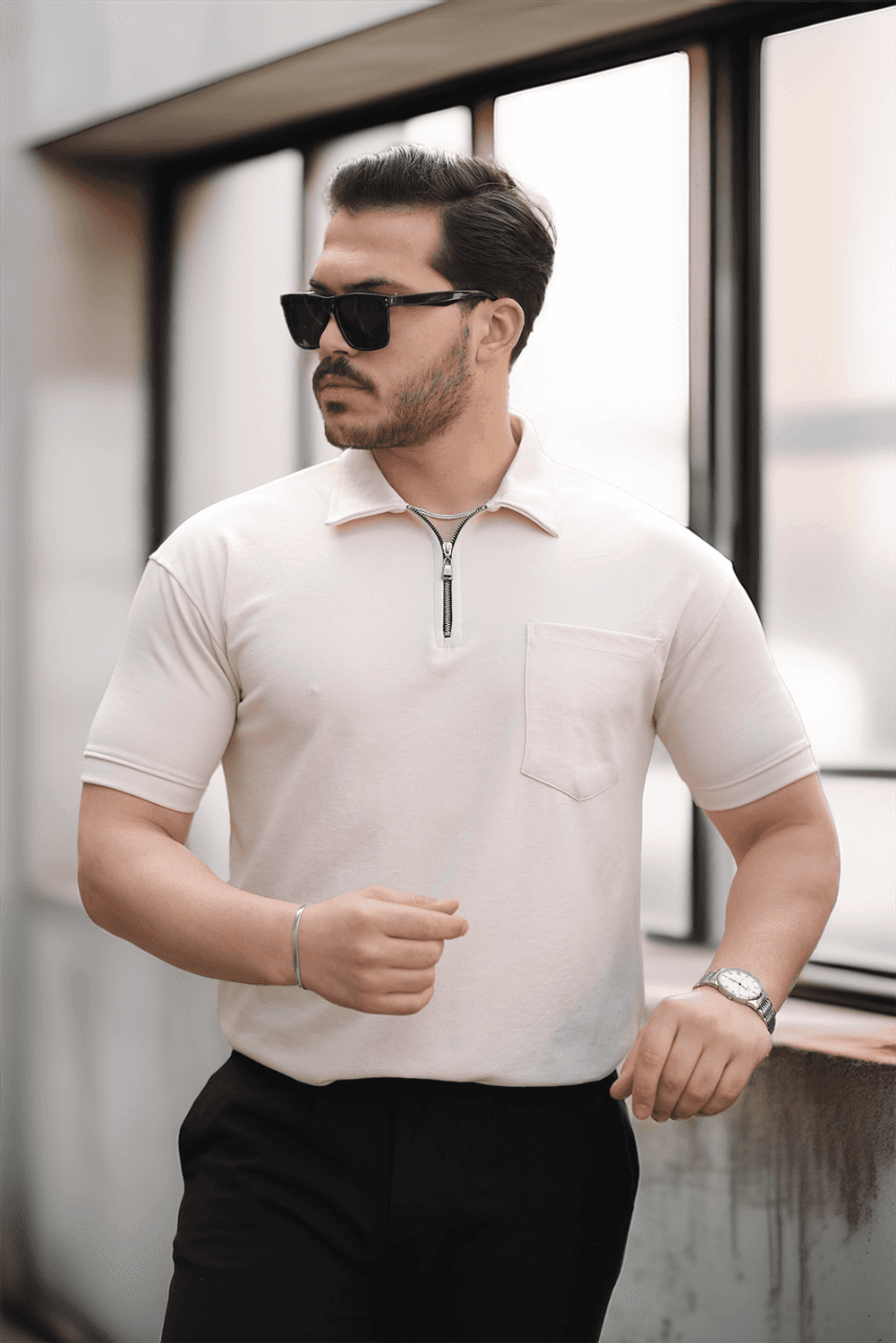 Yarım Fermuar Tek Cepli Erkek T-Shirt - Bej