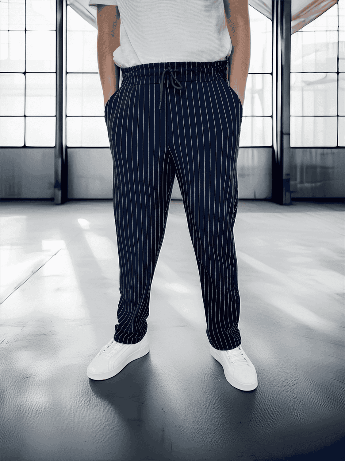 Krep Kumaş Çizgili Rahat Kalıp Erkek Pantolon - Lacivert