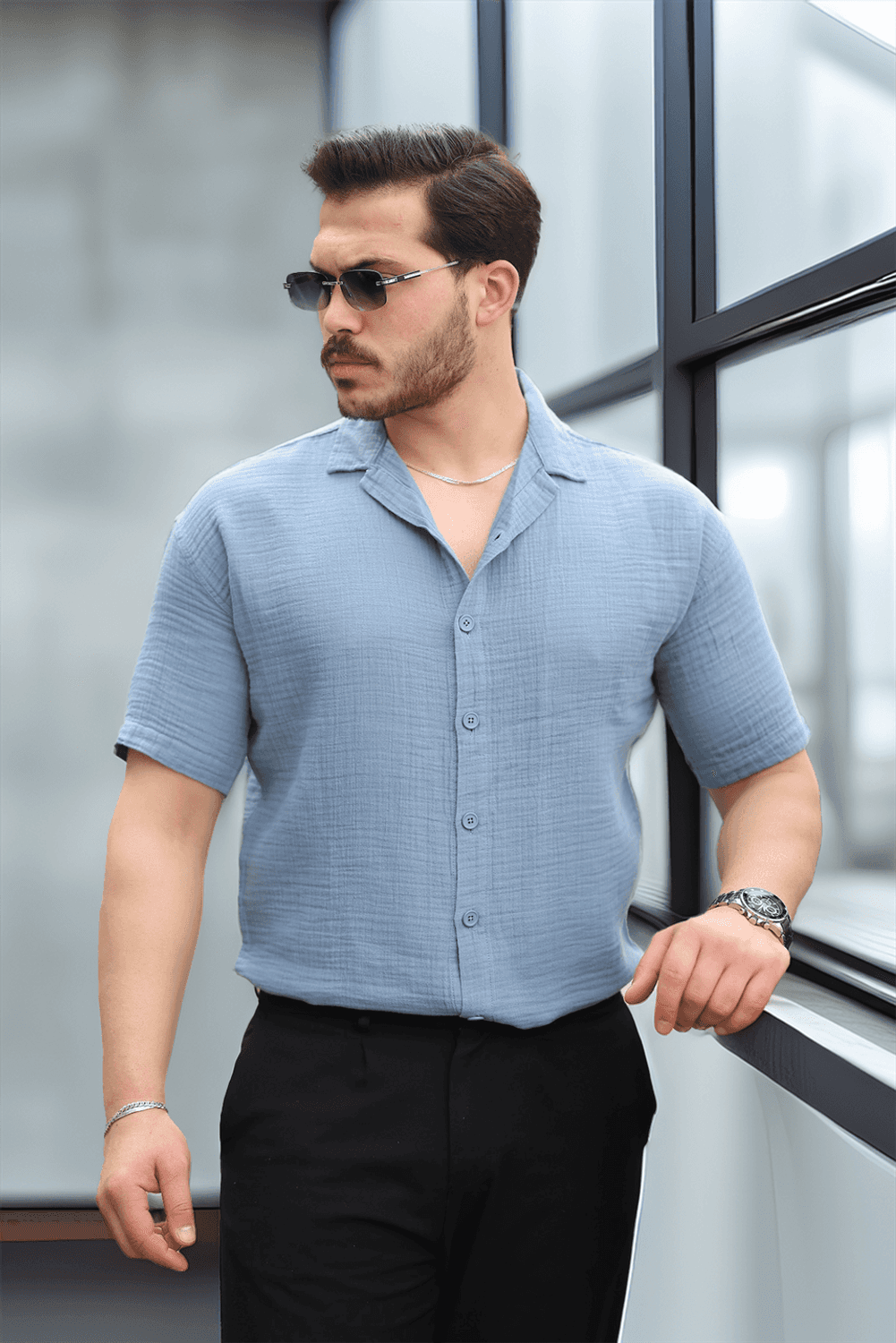 Yarım Oversize Apaş Yaka Kısa Kol Müslin Kumaş Erkek Gömlek - Soğuk Mavi