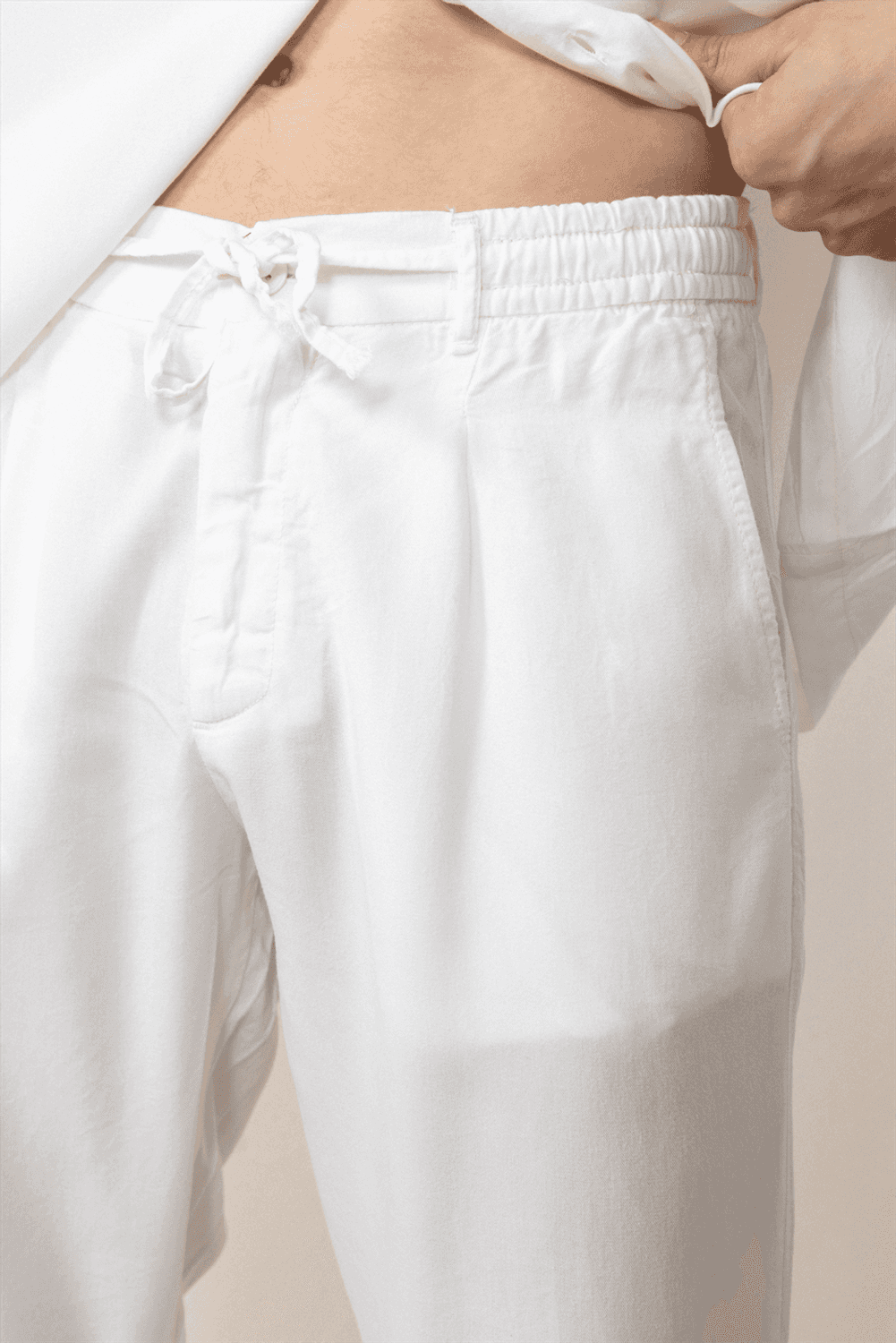 Bağcıklı & Fermuarlı Doğal Dokulu Pamuk Erkek Pantolon - Ekru