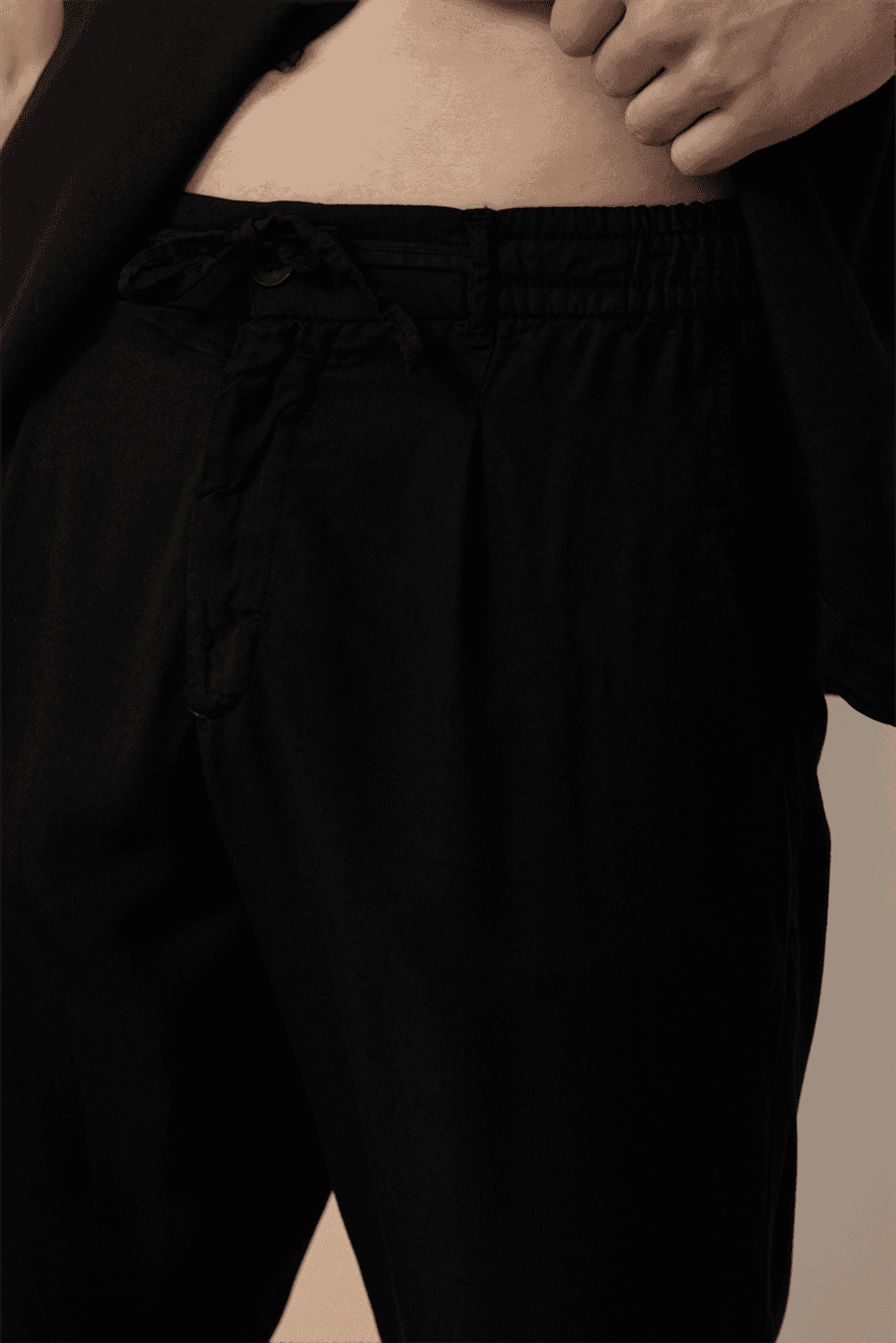 Bağcıklı & Fermuarlı Doğal Dokulu Pamuk Erkek Pantolon - Siyah