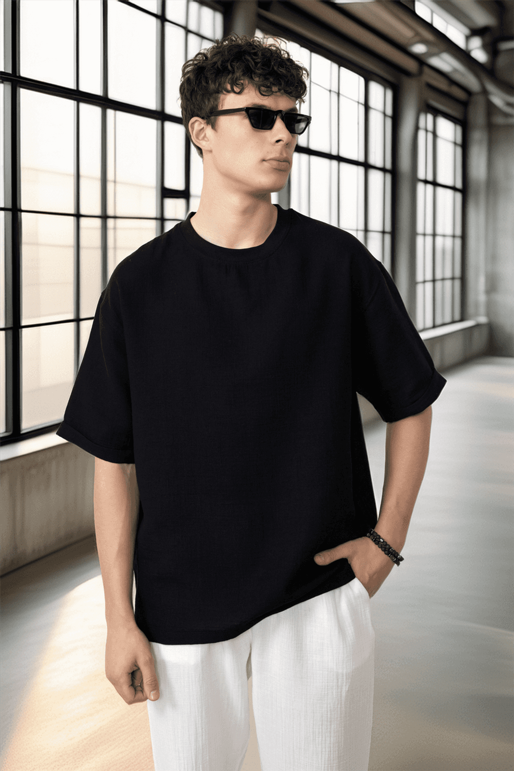 Rahat Kalıp Müslin Kumaş Erkek T-Shirt - Siyah