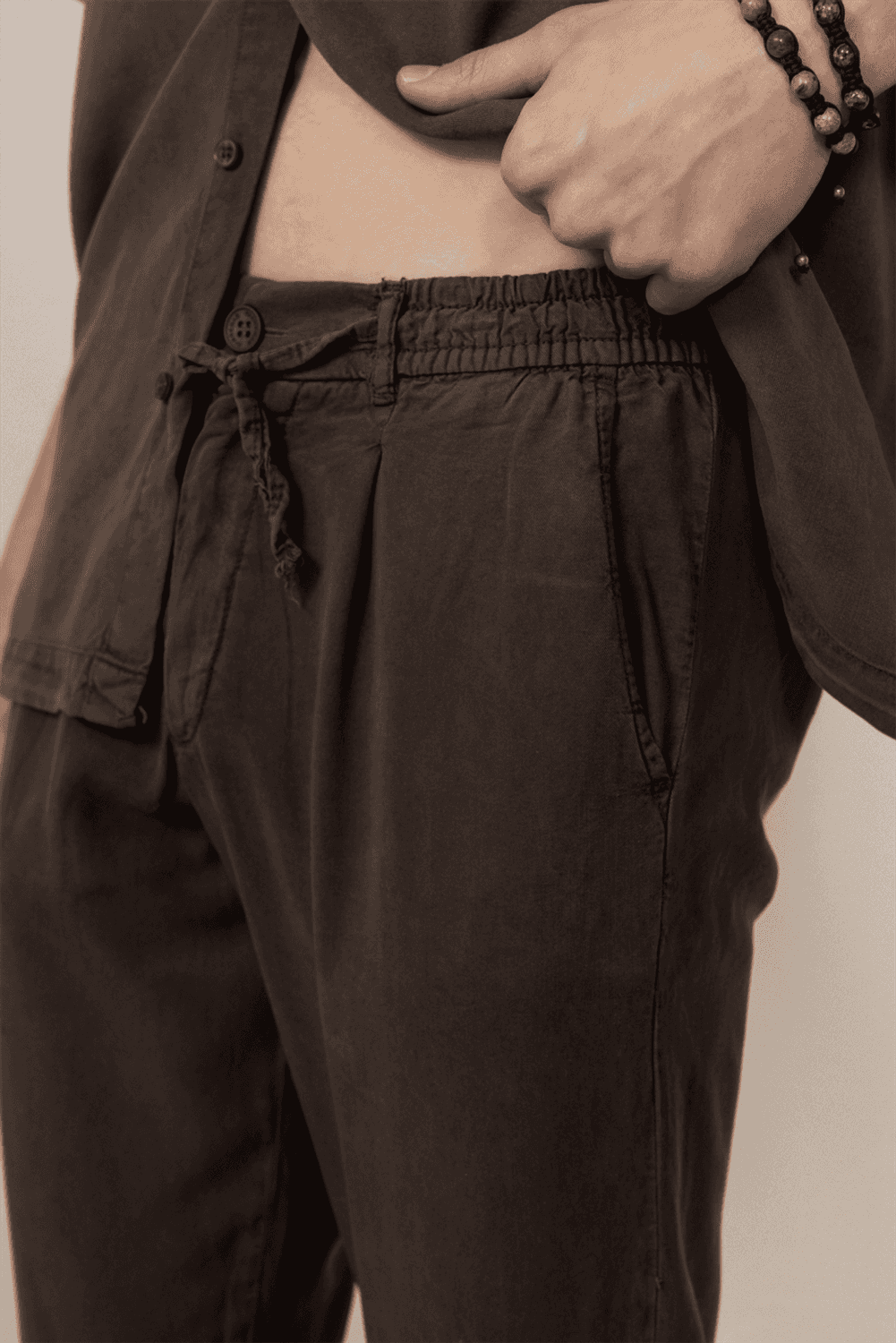 Bağcıklı & Fermuarlı Doğal Dokulu Pamuk Erkek Pantolon - Kahve