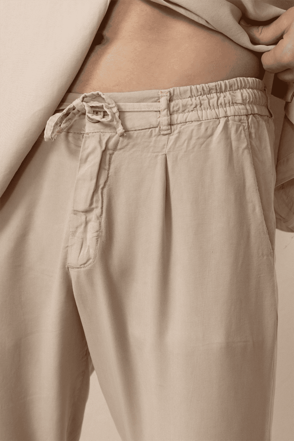 Bağcıklı & Fermuarlı Doğal Dokulu Pamuk Erkek Pantolon - Bej