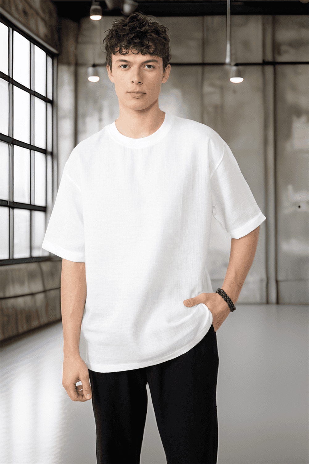 Rahat Kalıp Müslin Kumaş Erkek T-Shirt - Ekru