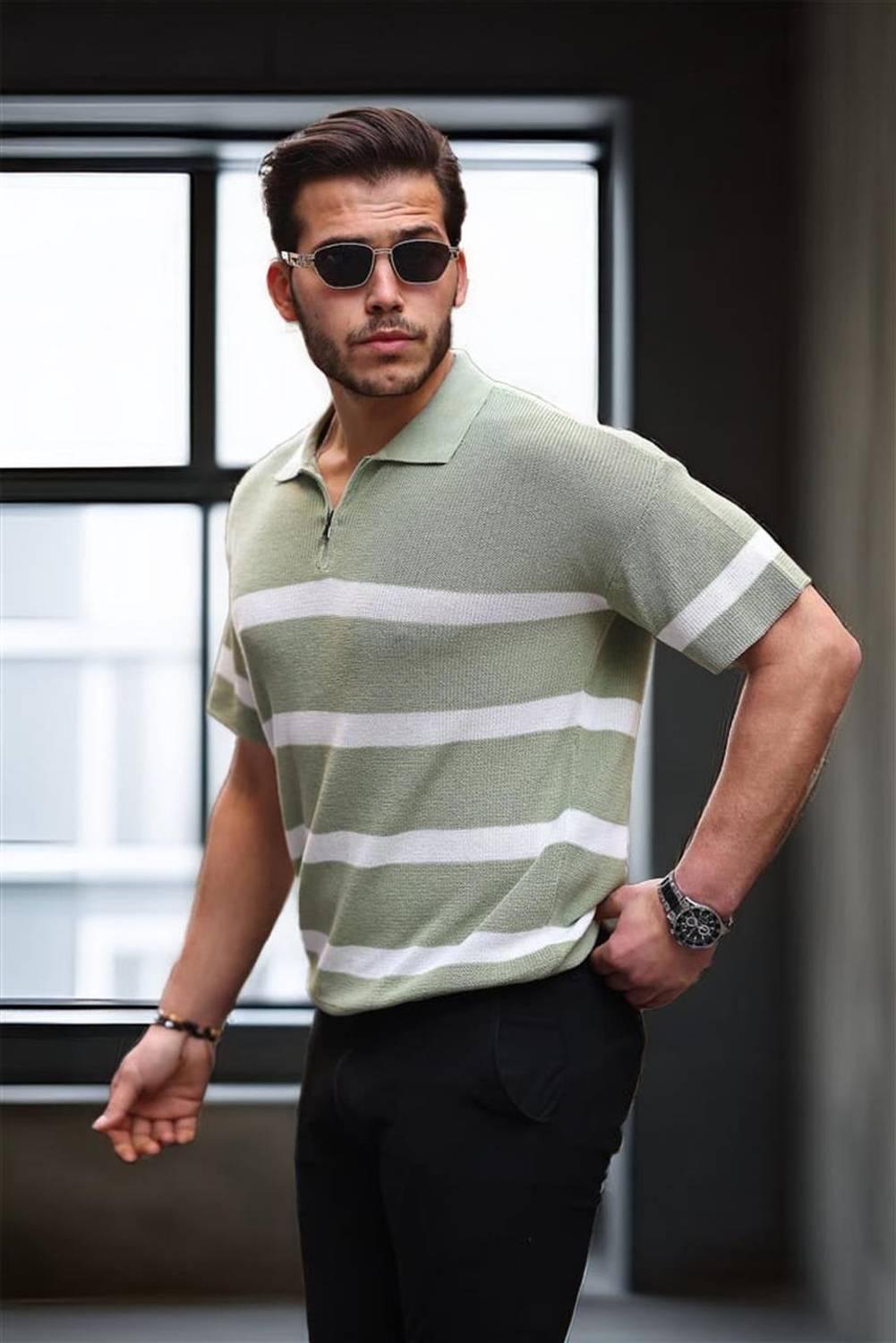 Half Zipper Striped Oversize Knitwear T-Shirt - Green