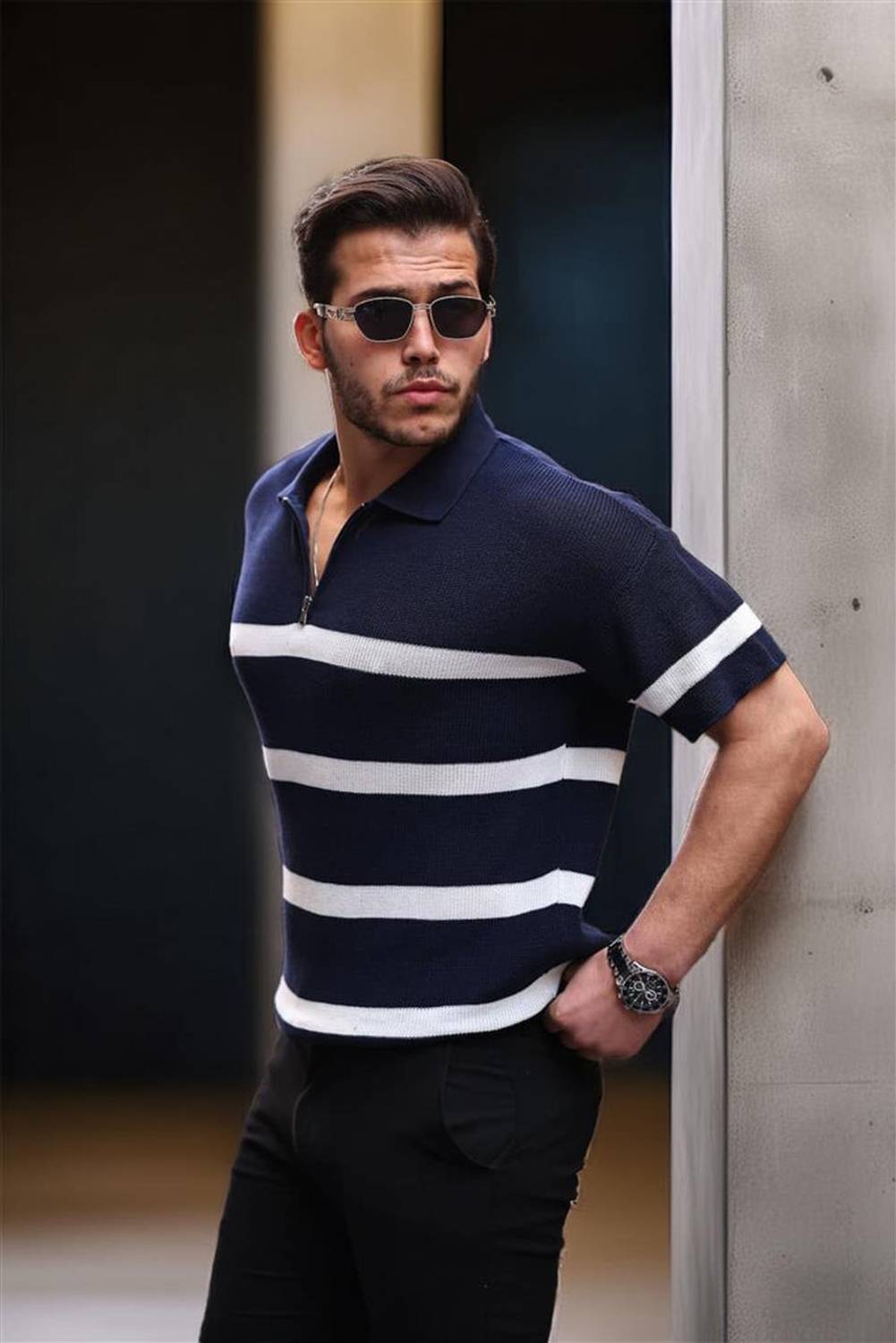 Half Zipper Striped Oversize Knitwear T-Shirt - Navy Blue
