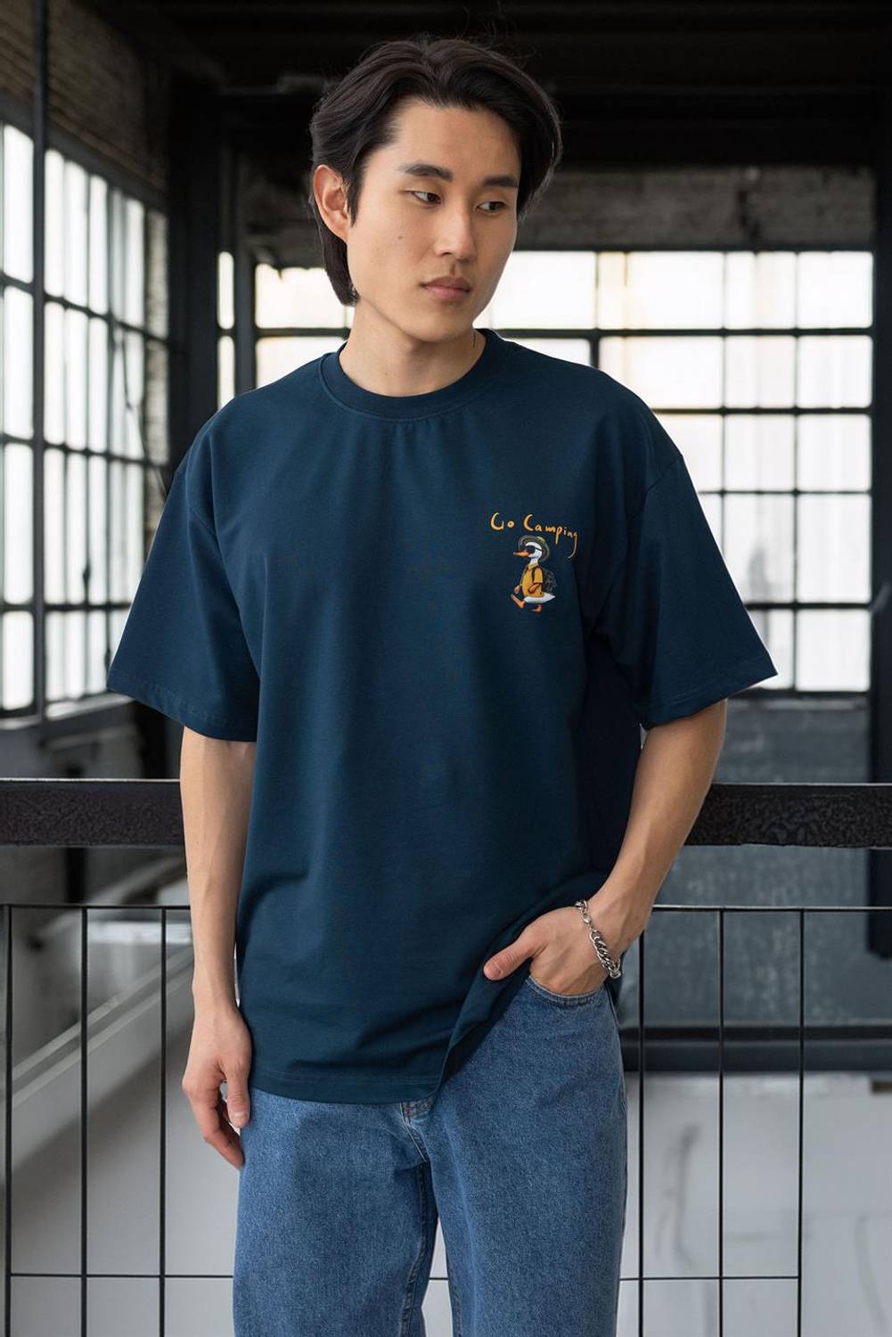 Cep Baskılı İki İplik Kumaş Pamuklu Oversize Erkek T-Shirt - Prusya Mavisi