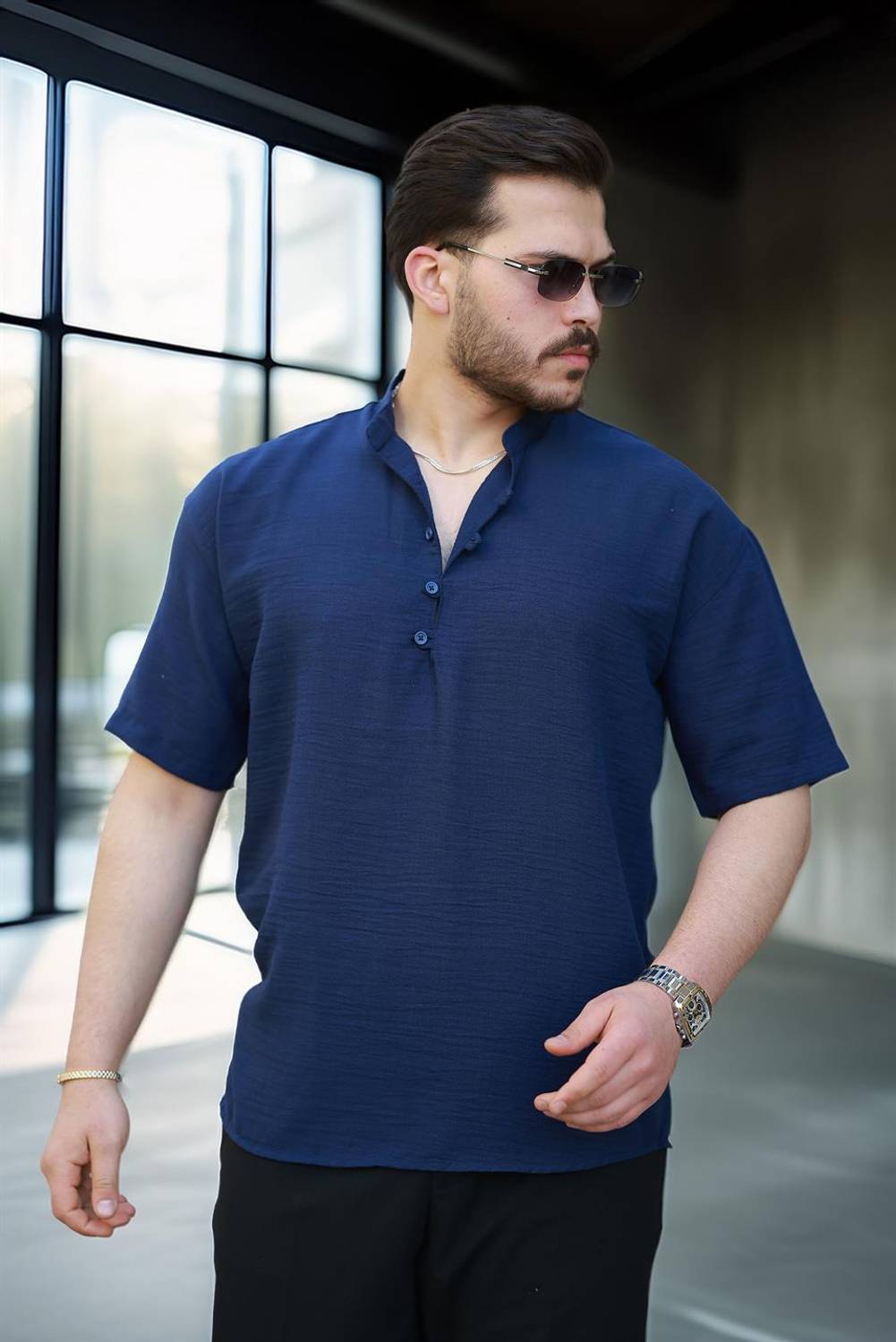 Oversize Yarım Pat Bambu Kısa kol Gömlek - Lacivert