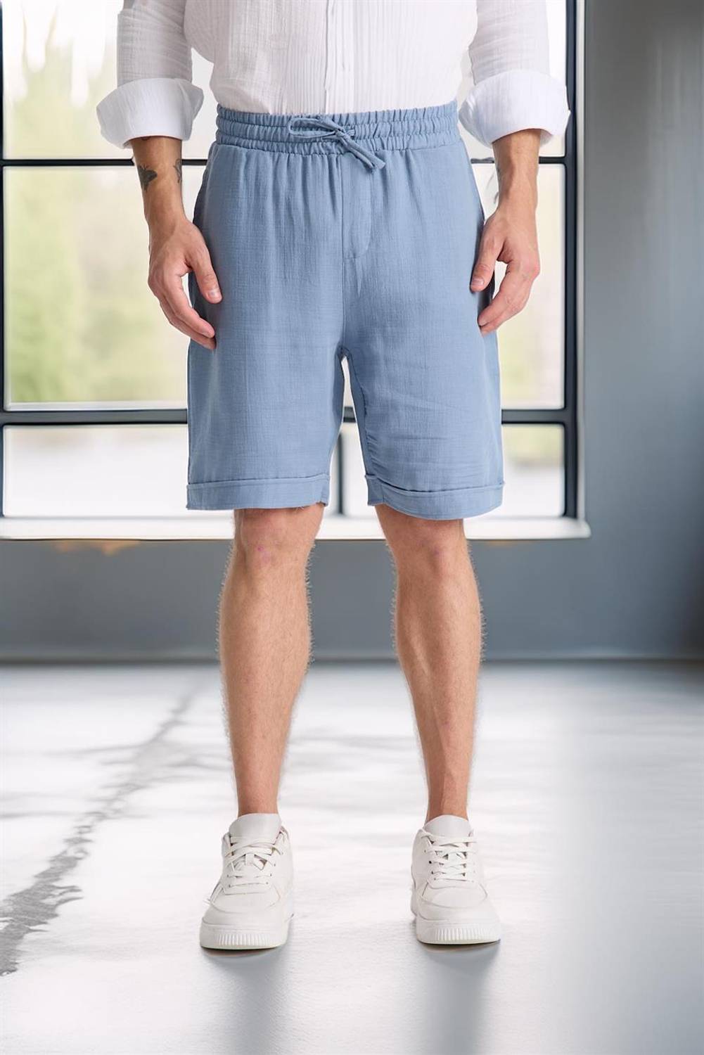 Duble Paça Müslin Kumaş Şort - Soğuk Mavi