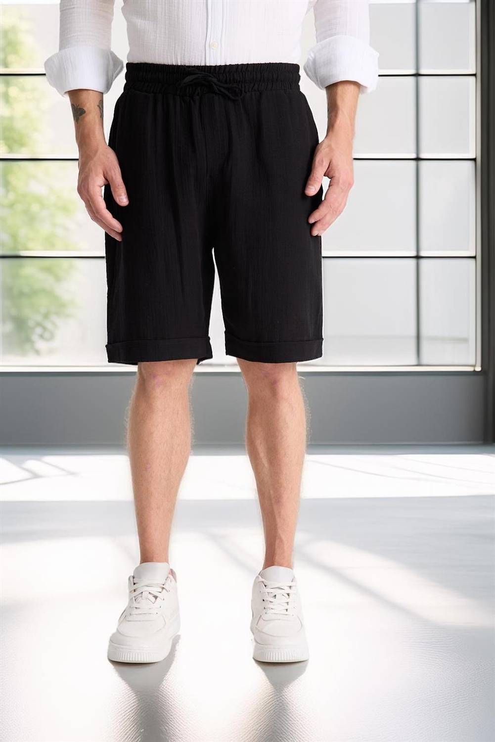 Duble Paça Müslin Kumaş Şort - Siyah