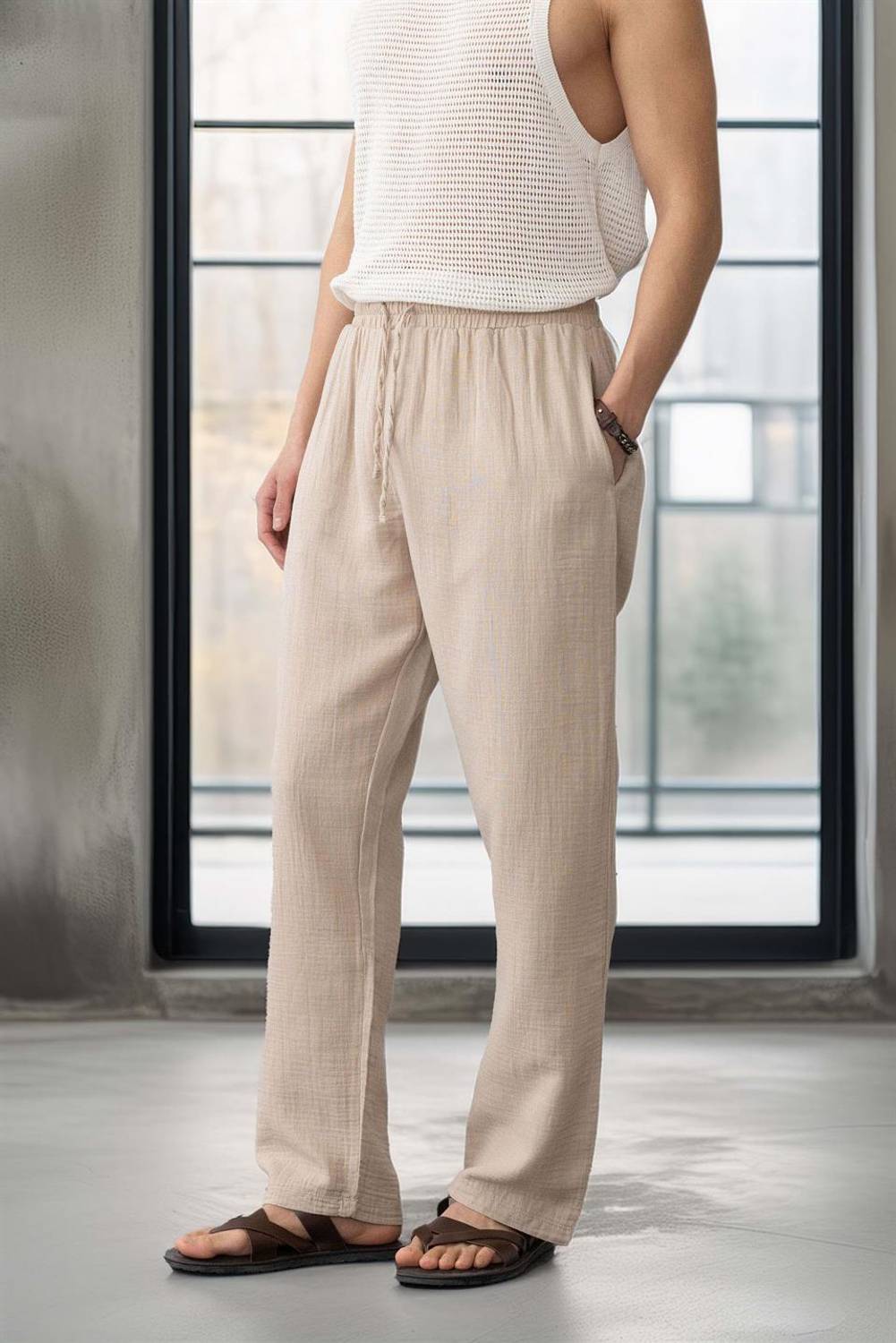 سروال مُصمم بقصة واسعة من قماش موسلين - بيج متوسط، مصنوع من قطن نقي لتوفير الراحة والأناقة في الاستخدام اليومي والمناسبات الخاصة