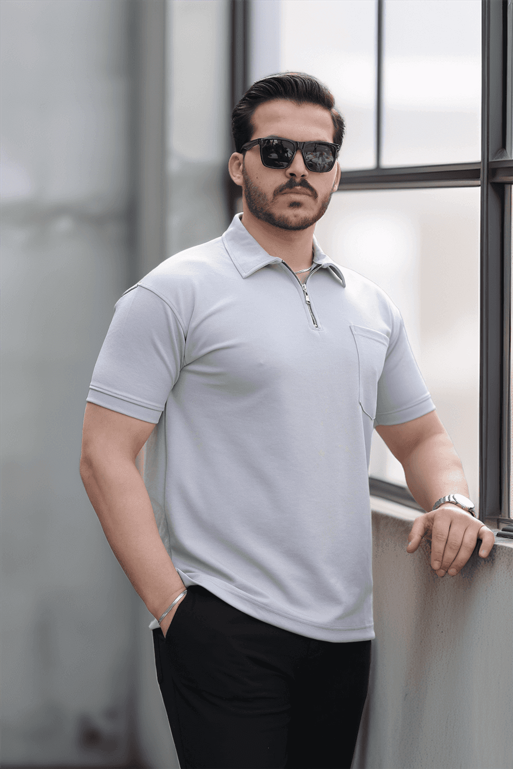 Yarım Fermuar Tek Cepli Erkek T-Sirt - Gri