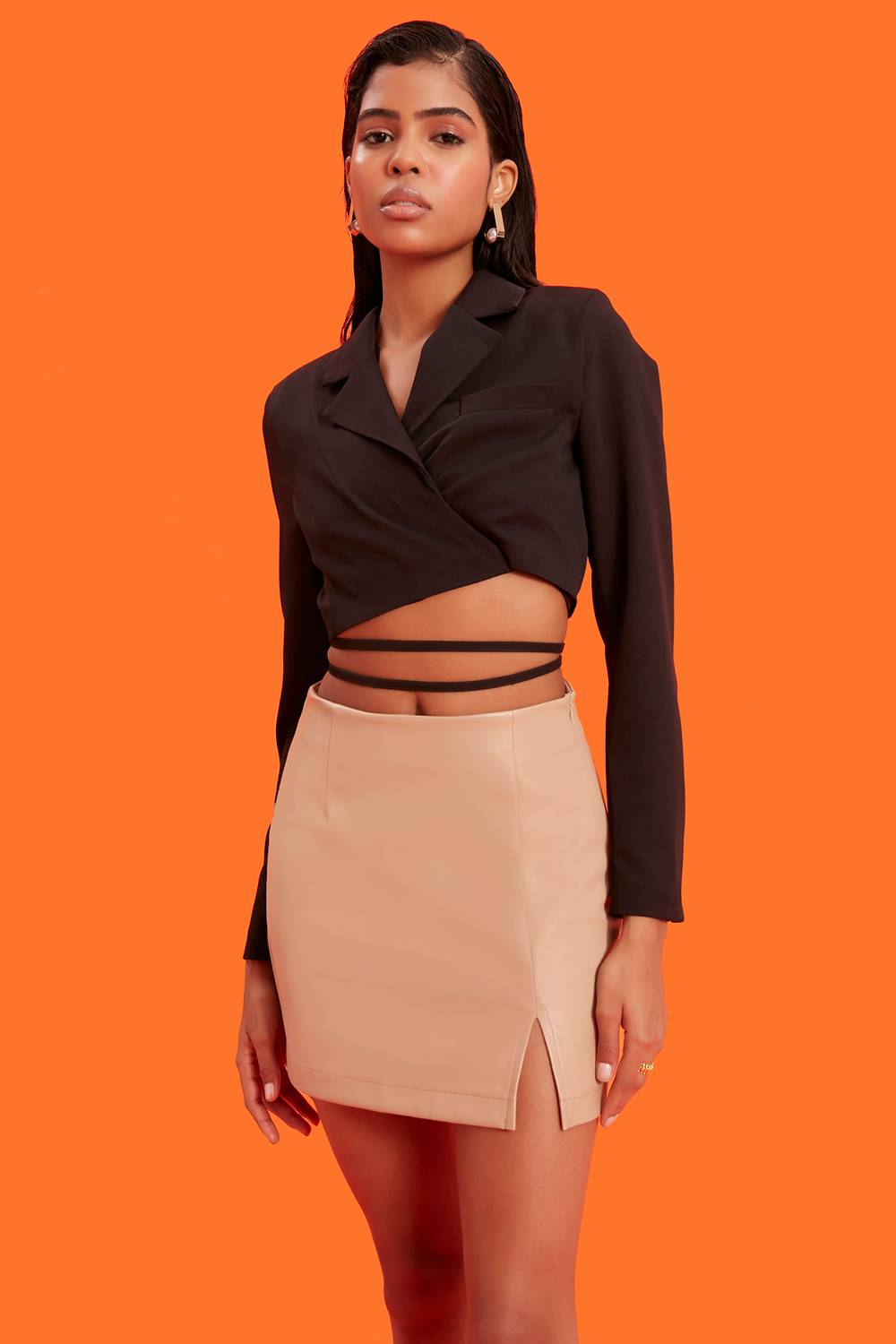 Women's Beige Inner Raised Flexible Comfort Fit Leather Skirt