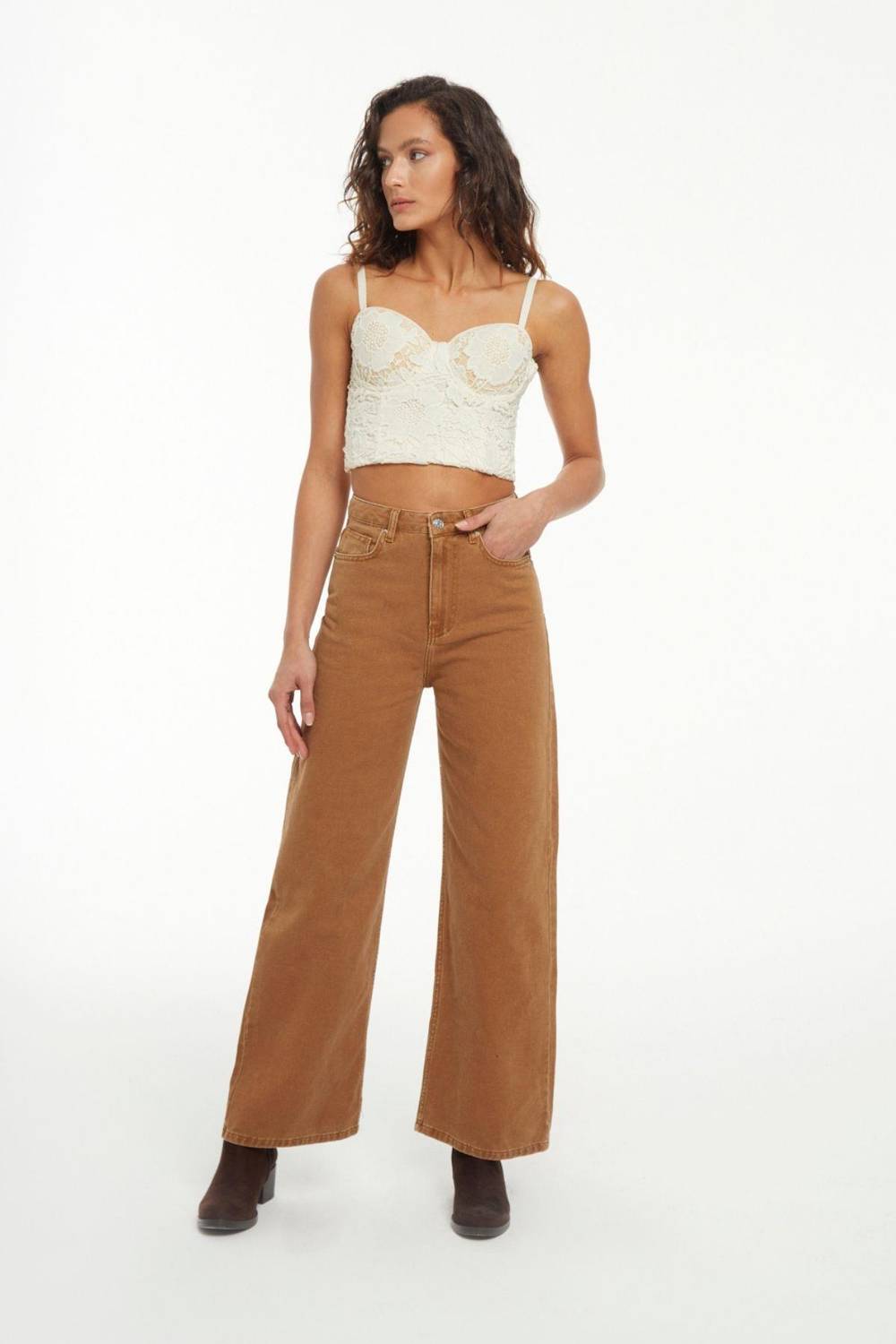 Women's Brown Color Wide Leg Fit Wide Leg Jean