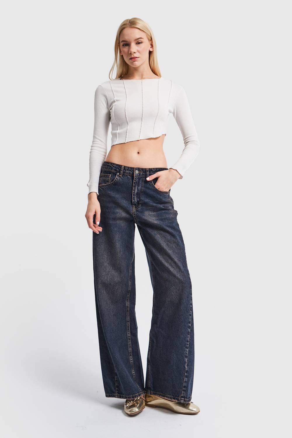 Women's Denim Tint Color Low Waist Super Wide Leg Fit Denim Pants