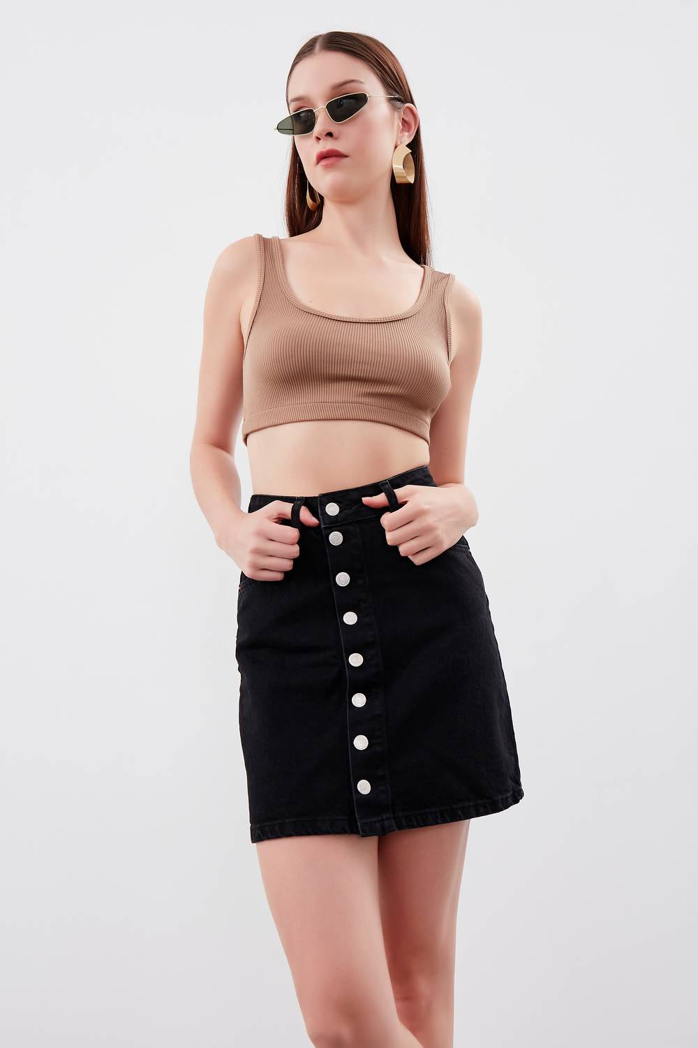 Black High Waist Women's Jean Skirt With Buttons On The Front