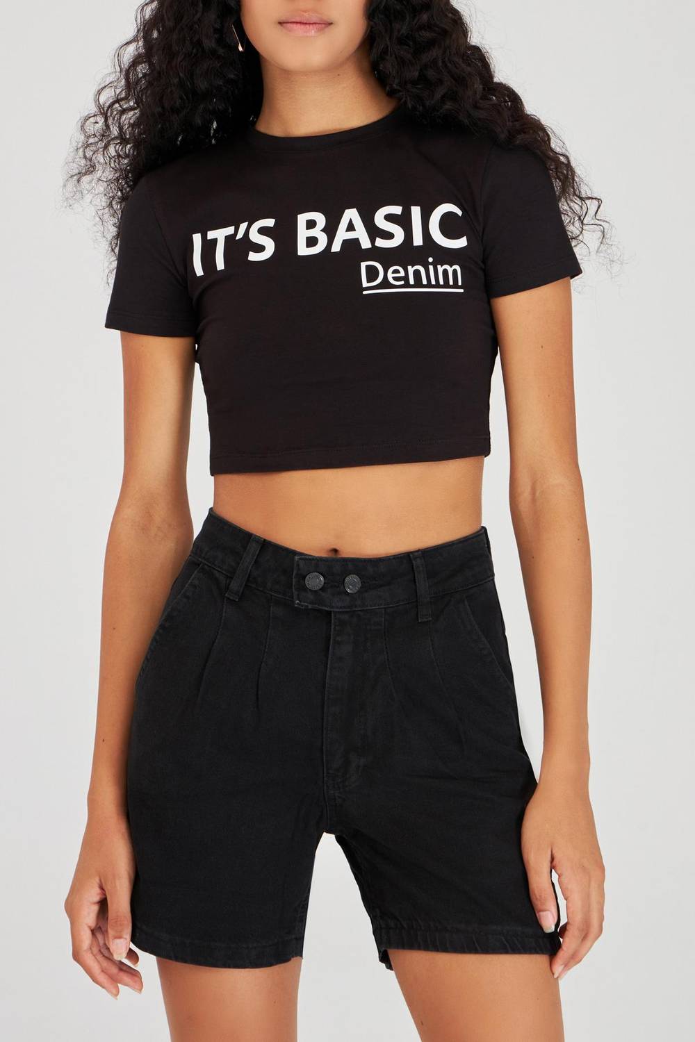 Женские черные шорты с завышенной талией, двойной застежкой и складками из 100% хлопка