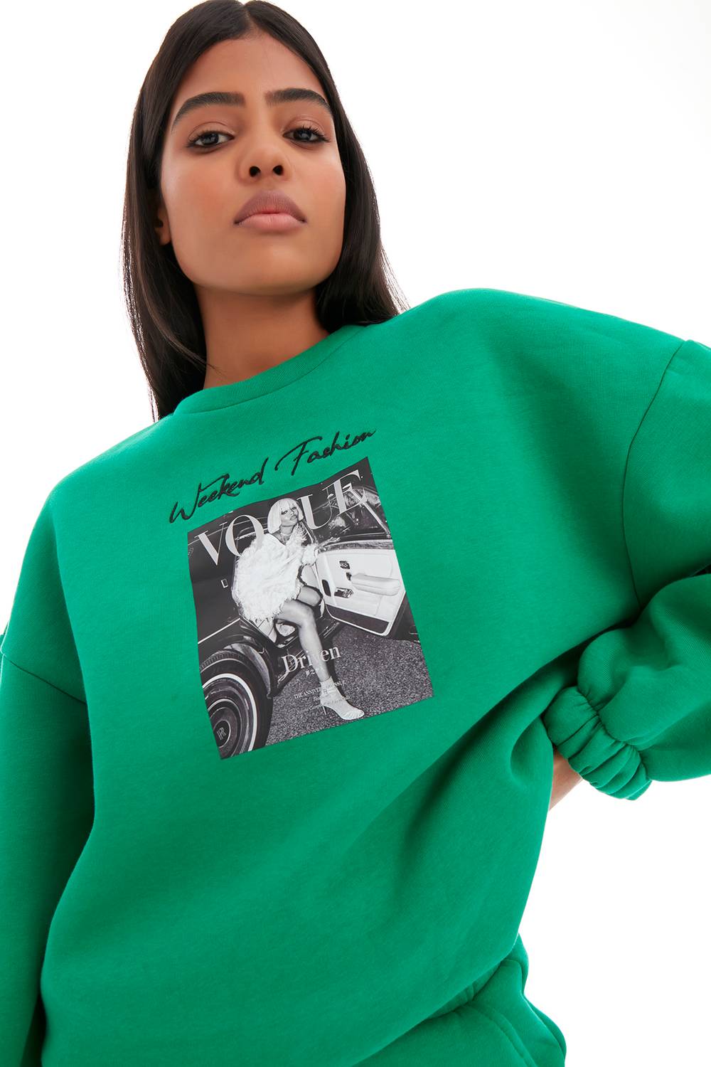Women's Green Color Three Yarn Inner Raised Front Printed Sweatshirt