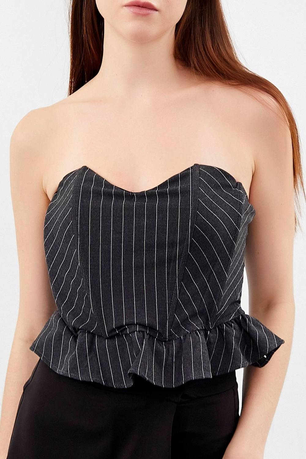 Women's Anthracite Color Striped Fabric Ruffle Bustier