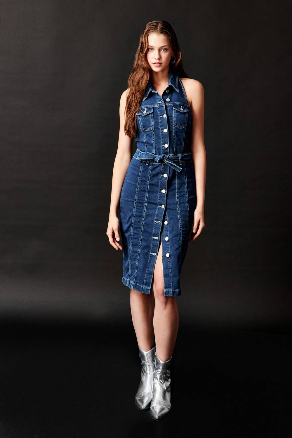 Женское темно-синее деним платье миди с пуговицами и поло-воротником, стандартная длина для всех размеров, цвет синий