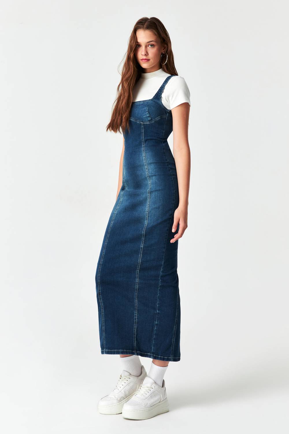 Women's Tint Denim Color Stretch Fabric Back Slit Long Denim Dress