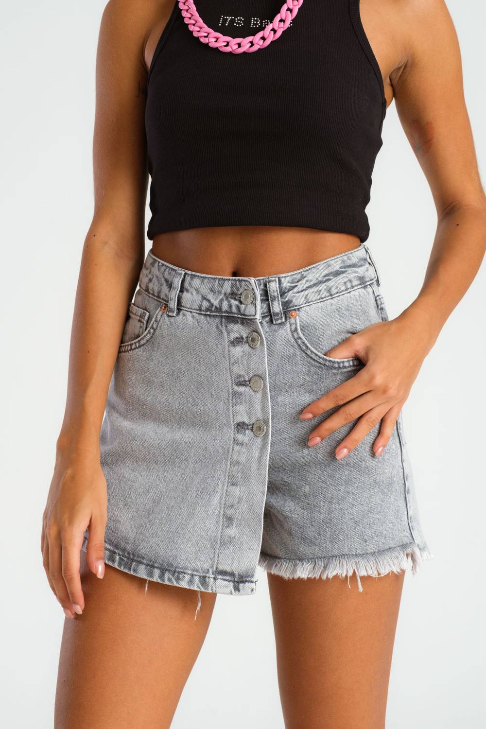 Women's Gray Color Front Buttoned Denim Shorts Skirt