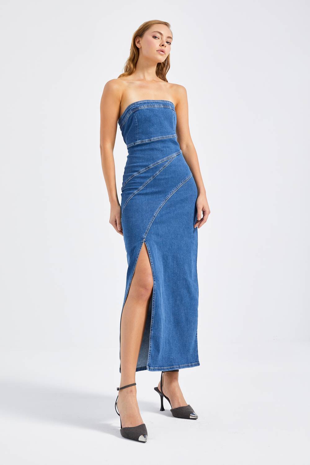 Women's Blue Color Side Slit Strapless Dress with Stitching Detail