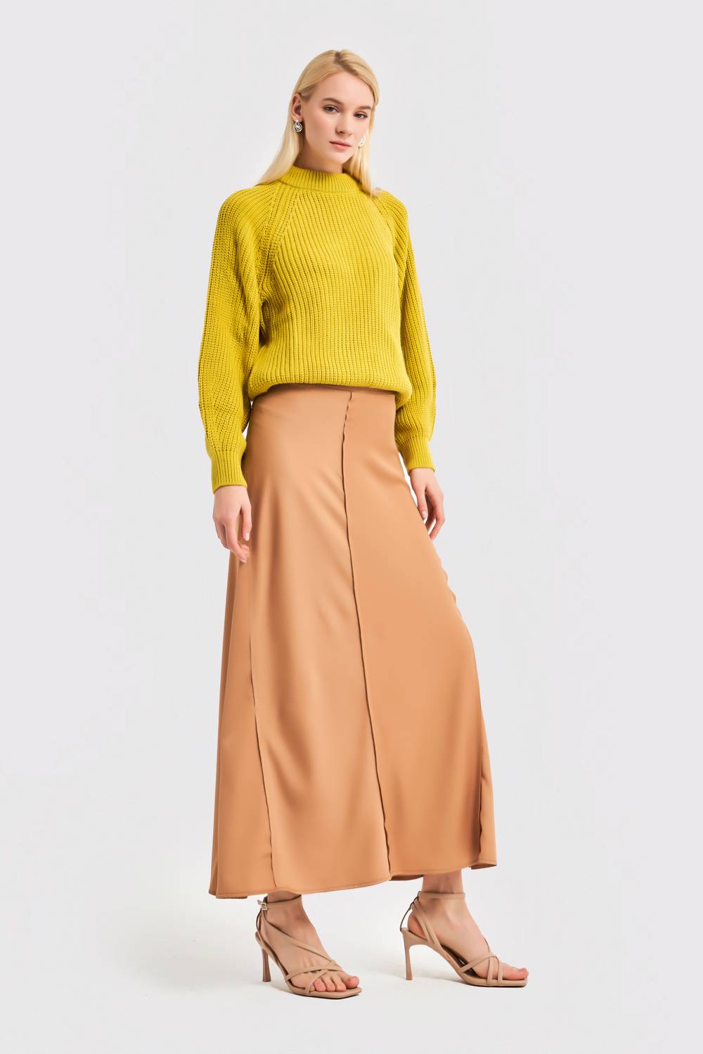 Women's Beige Color Satin Fabric Maxi Length A Form Oblique Skirt