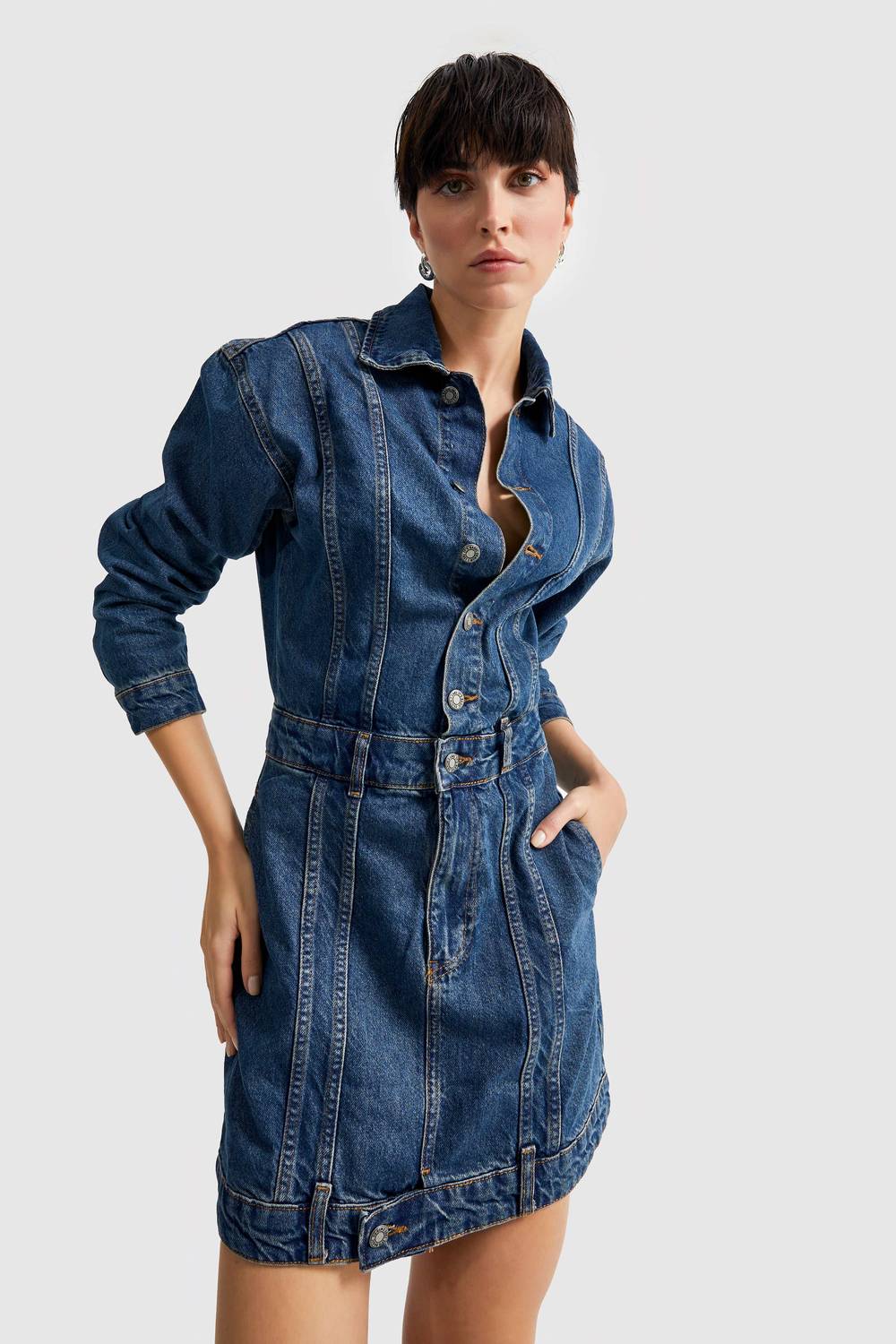 Women's Tint Denim Color Color Front Buttoned Denim Mini Dress