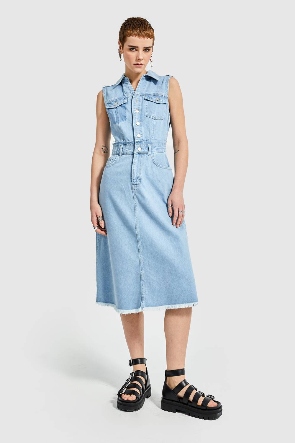 Women's Blue Color Midi Length 100% Cotton Button-Front Denim Dress