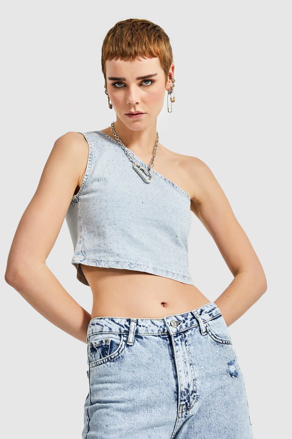 Женский деним бюстье с одним плечом, блестящими камнями, цвет снега, 100% хлопок, стандартная длина для всех размеров